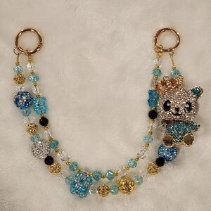 Gold and Blue Beaded Teddy Bear With Crown Bag Chain